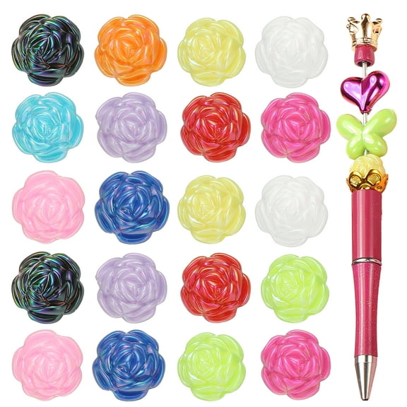 20pcs Beads for Pens, Rose Flower Acrylic Pen Beads Colorful Beadable Loose Spacer Accessories Cute Charm for Pens Making Keychain Bracelets Necklace DIY
