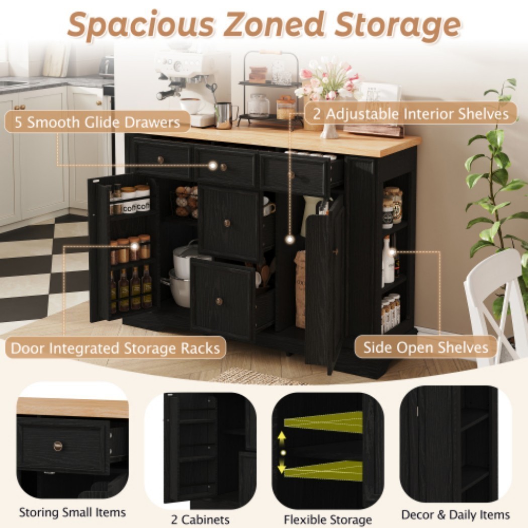 51.2" Farmhouse Sideboard Buffet Cabinet, Storage Cabinet with 5 Drawers, 2 Doors, Adjustable Shelves & Outlet, Console Table for Dining Room, Kitchen & Entryway, Black