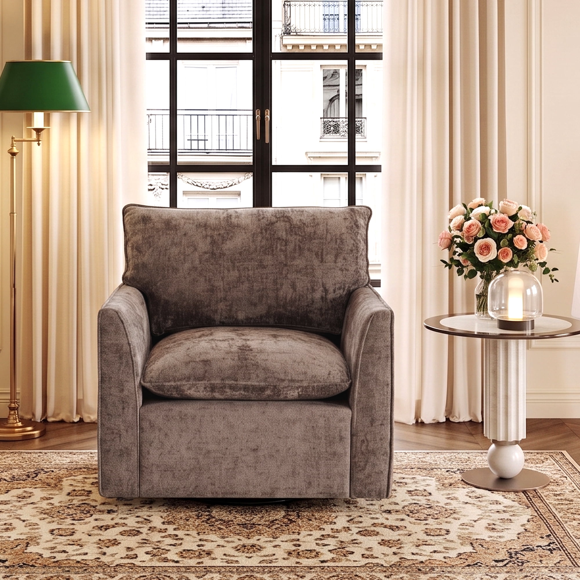 HOQBN 360°Swivel Accent Chair, Comfy Single Square Sofa Armchairs,Upholstered Club Chairs for Living Room,Bedroom, Reading Room, Brown