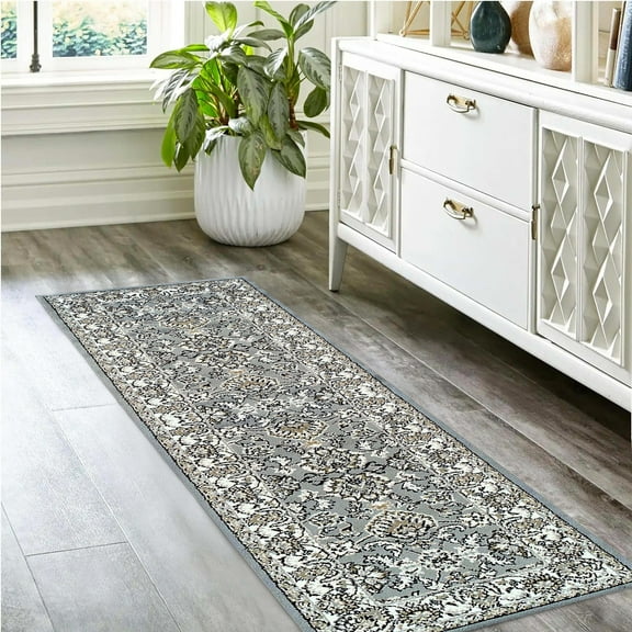 Floral Medallion Border Lille Area Runner, 2'7" x 8', Cream