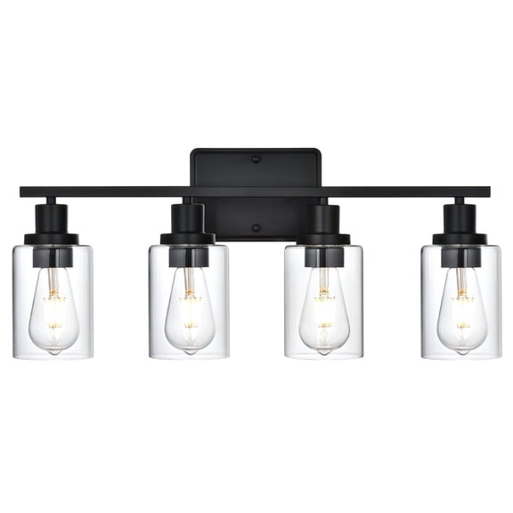 Melucee Vanity Lights Black 4 light Bathroom Lighting with clear glass Square Plate Wall Mount Light