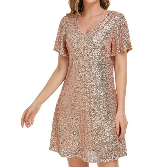 Jdlsppl Women's V Neck Skater Dress 50s Disco Sequin Flutter Short Sleeve Metallic Glitter Short Cocktail Party Modest Hoco Homecoming Dress Golden Large