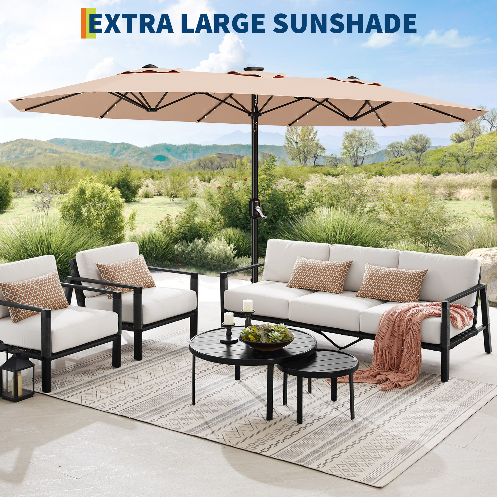 15ft Patio Umbrella with Solar Lights, Outdoor Large Umbrellas with Crank Handle and 36 LED Lights, Rectangular Market Umbrella with Base Included for Deck Pool Shade