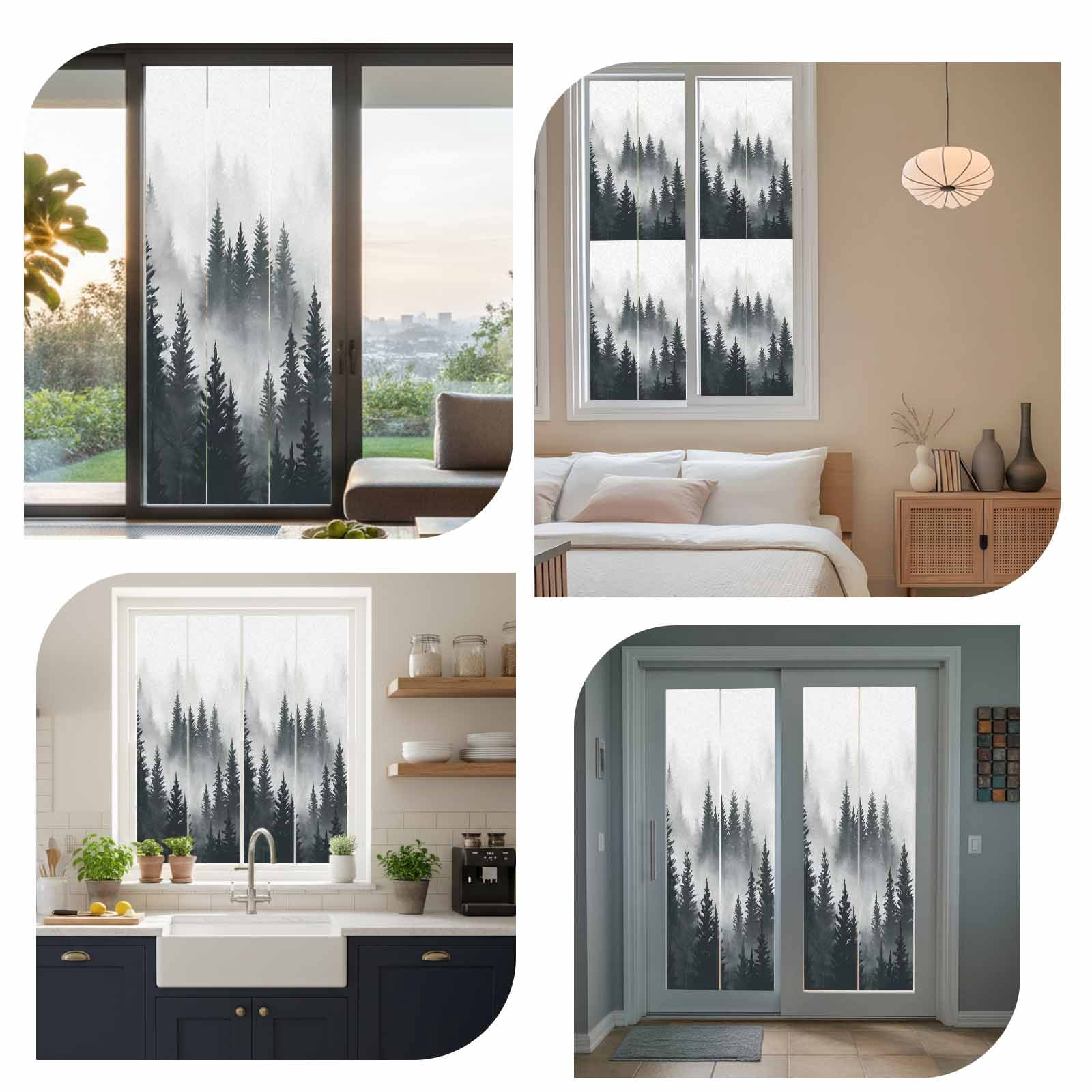 Black Forest Window Privacy Film, Misty Pine Trees Foggy Black Trees Frosted Glass Window Clings Static Cling UV Heat Blocking Reusable Door Sticker for Bathroom 23.6 x 59 Inch