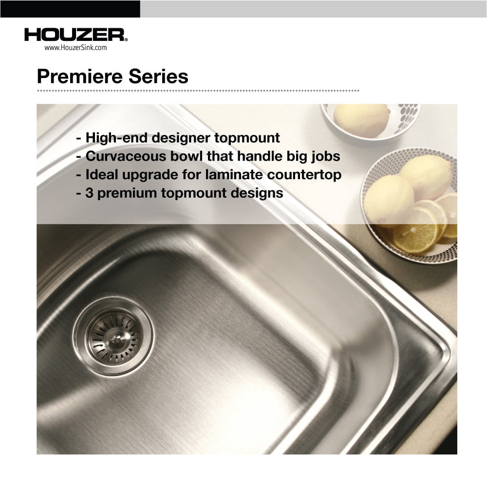 Houzer Premier 33 inch Stainless Steel Drop-in Topmount 1-hole Single Bowl Kitchen Sink with Strainer - PGS-3122-1-1