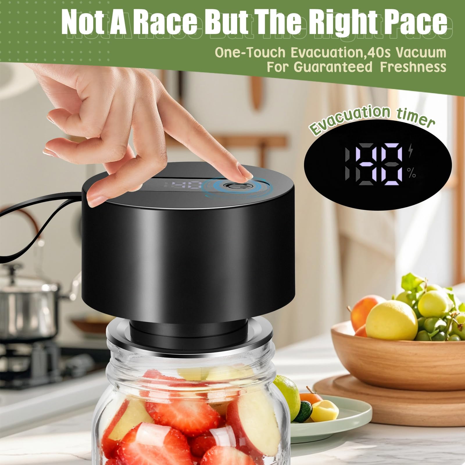 Electric Mason Jar Vacuum Sealer: Upgraded 3-in-1 Portable Vacuum Sealer Kit - for Mason Jars Vacuum Seal Bags & Containers - Ideal for Jams Pickles Dry Foods Grains Black