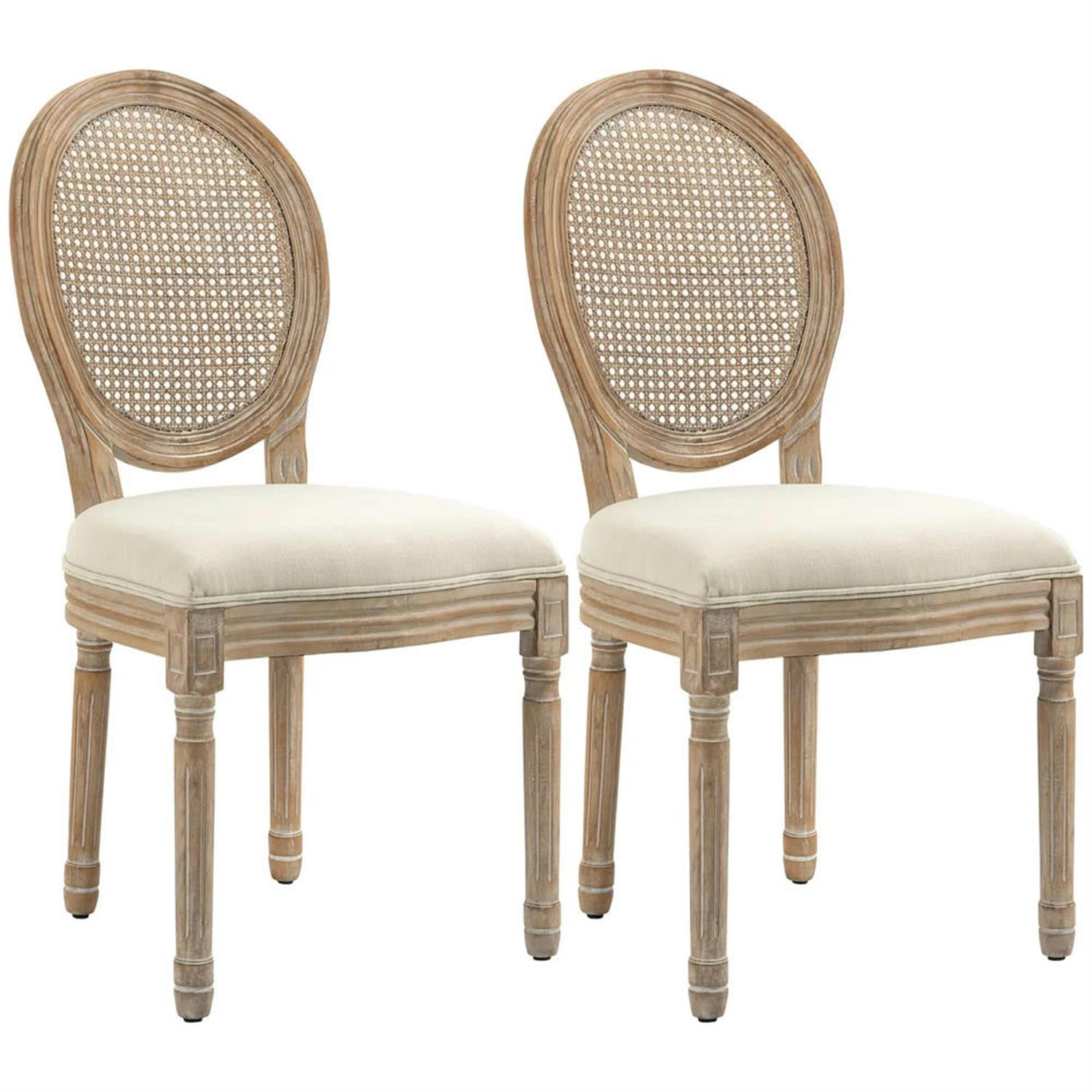 Demi Bonn Dining Chairs Set of 2, French-Style Upholstered Dining Room Chairs with Rattan Backrest and Linen-Touch Upholstery for Kitchen Restaurant, Living Room, White