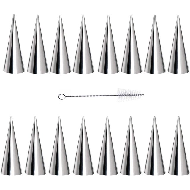 Paquete de 16 moldes de cuerno de crema, conos para hornear de 5,5 pulgadas, formas de cuerno de crema, tubos de acero inoxidable, molde para helado con 1 cepillo de limpieza