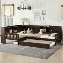 Newest L-Shaped Space-Saving Twin Size Platform Bed with Trundle and Drawers, Modern Solid Wood Storage Bed,Espresso