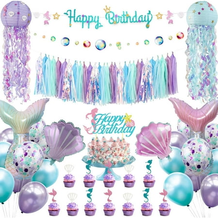 Mermaid Birthday Party Decorations Supplies Banner Tassel Garland Bubble Garland Hanging Jelly Fish Paper Lanterns Balloons Cake Topper Mermaid Happy Birthday Decorations for Kids Girls Women