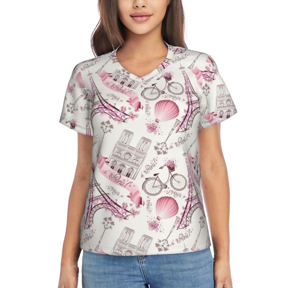 Vsdgher Romantic Travel In Paris Women Shirts V Neck Short Sleeve Tops T-Shirt Basic Tees, S to 3XLSmall