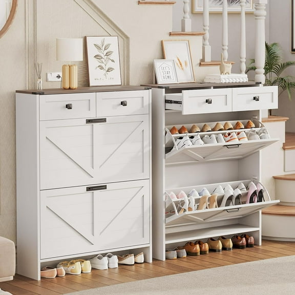 Homhougo Shoe Storage Cabinet with 2 Flip Drawers and 2 Storage Cabinet, Entryway Shoe Rack, Farmhouse Wooden Shoe Cabinet for Hallway, Entryway, White