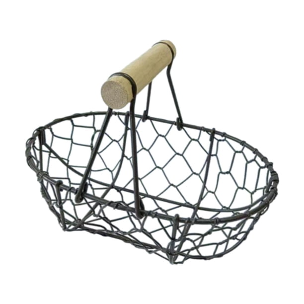 Cesta de alambre para huevos, cesta ovalada para recolección, rústica, decorativa, vintage, cesta de almacenamiento de hierro con mango de madera para Café