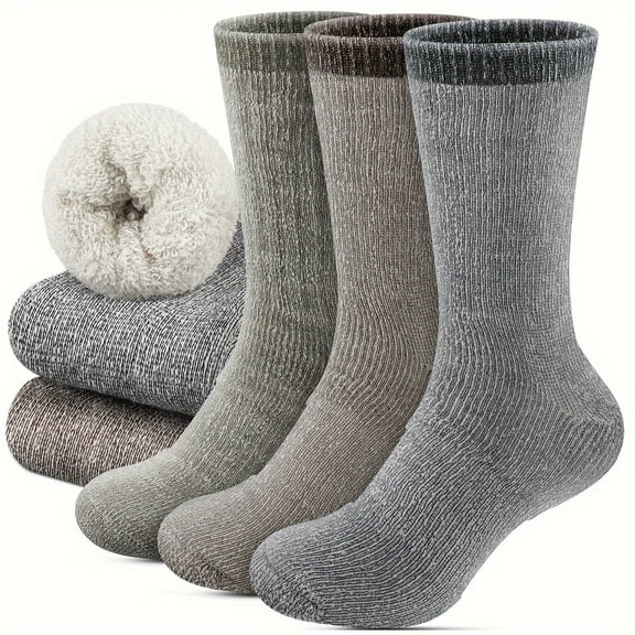 Estbridge 3 Pairs Men‘s 100% Wool Thermal Athletic Crew Socks Solid Color Knit Fabric Hand Wash Only - Breathable Durable & Soft Elastic Winter Socks for Outdoor Activities