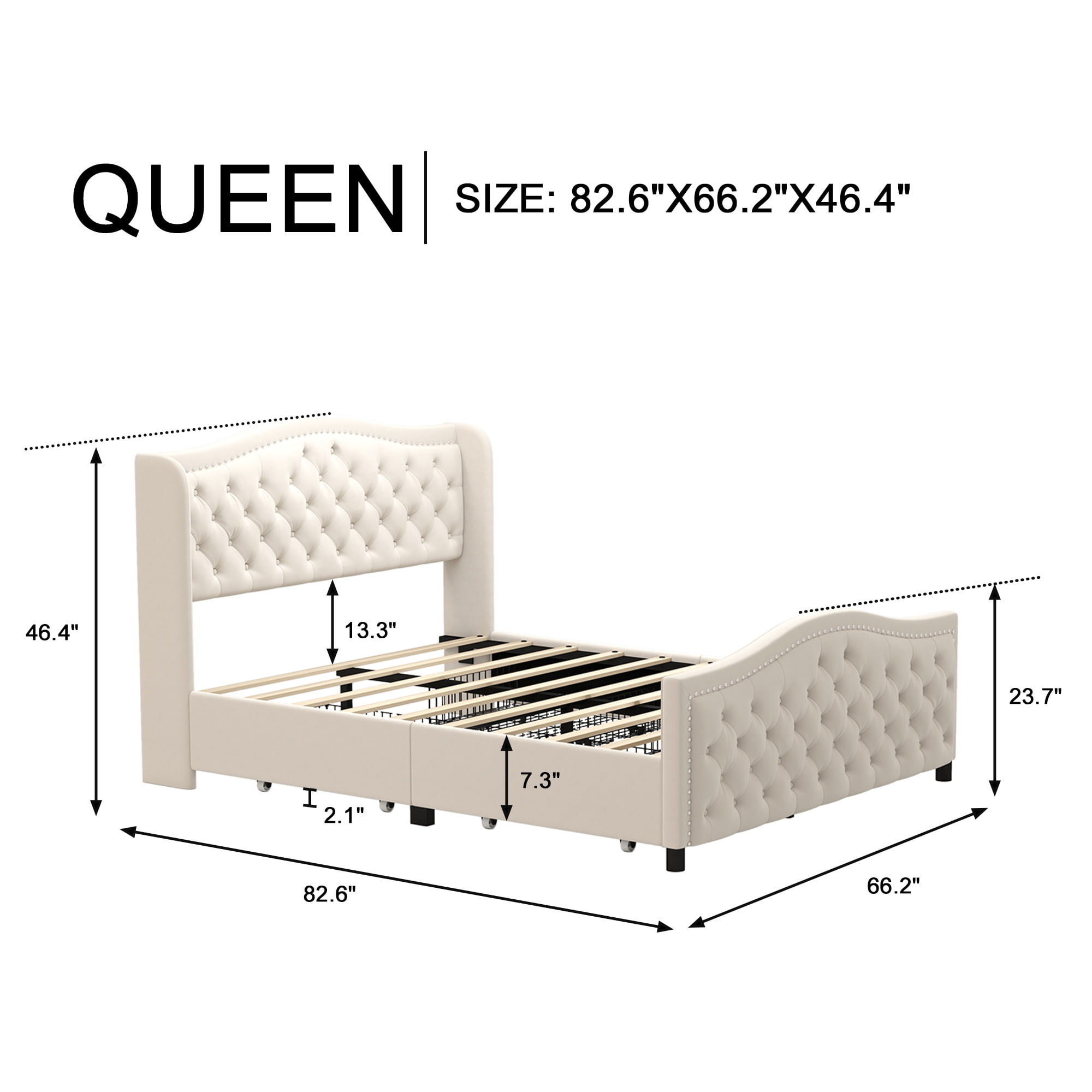 Bonzy Home Queen Size Bed Frame with Storage Velvet Upholstered Sleigh Bed with Headboard Button Tufted Easy Assembly Cream