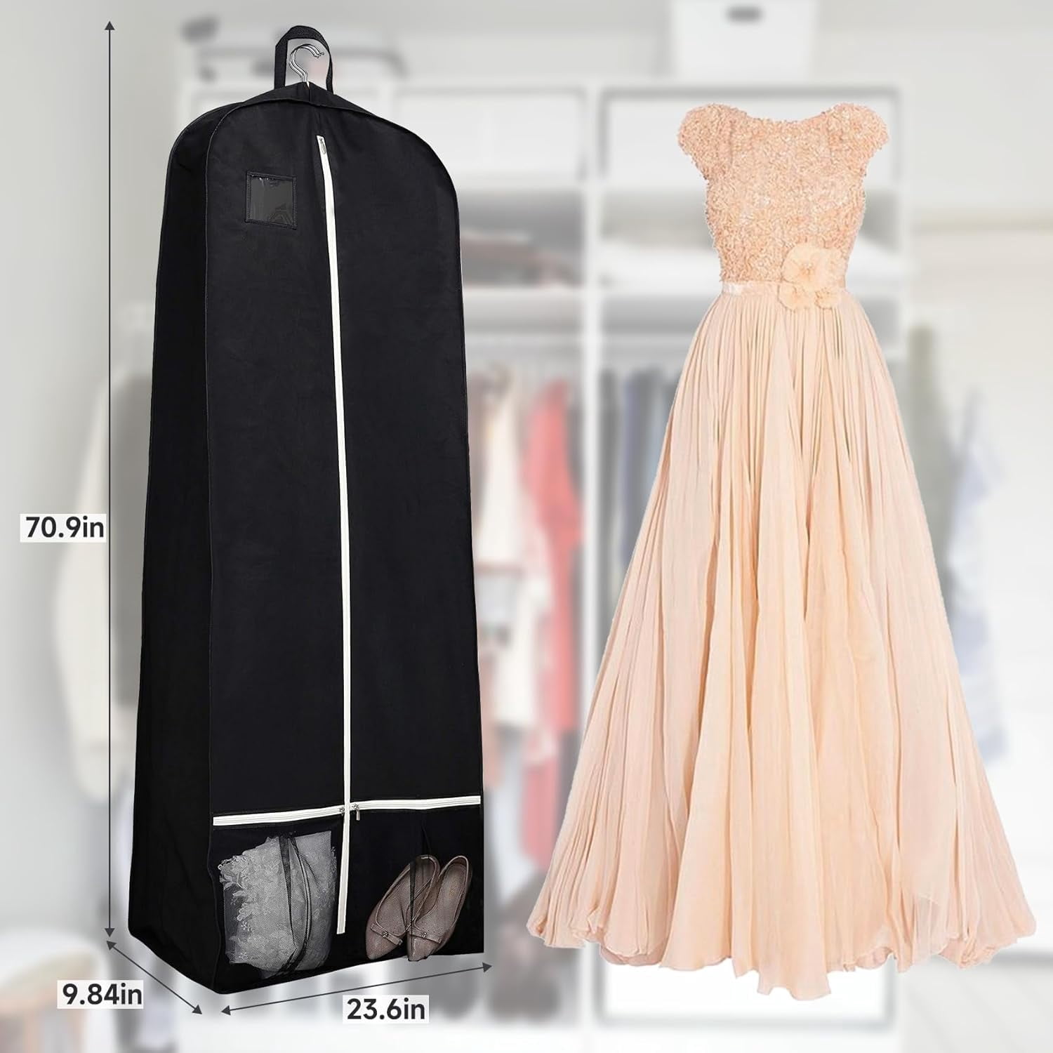 70.9'' Travel Garment Bag with 12'' Gusset & Accessory Pockets - Perfect for Wedding Dresses, Suits, Tuxedos & Formal Gowns