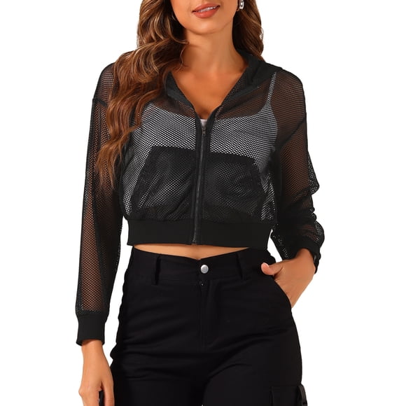 Inspire Chic Sudadera con Capucha para Mujer con Cremallera 2023 Moda Chaquetas Bomber de Malla Transparente XL Negra