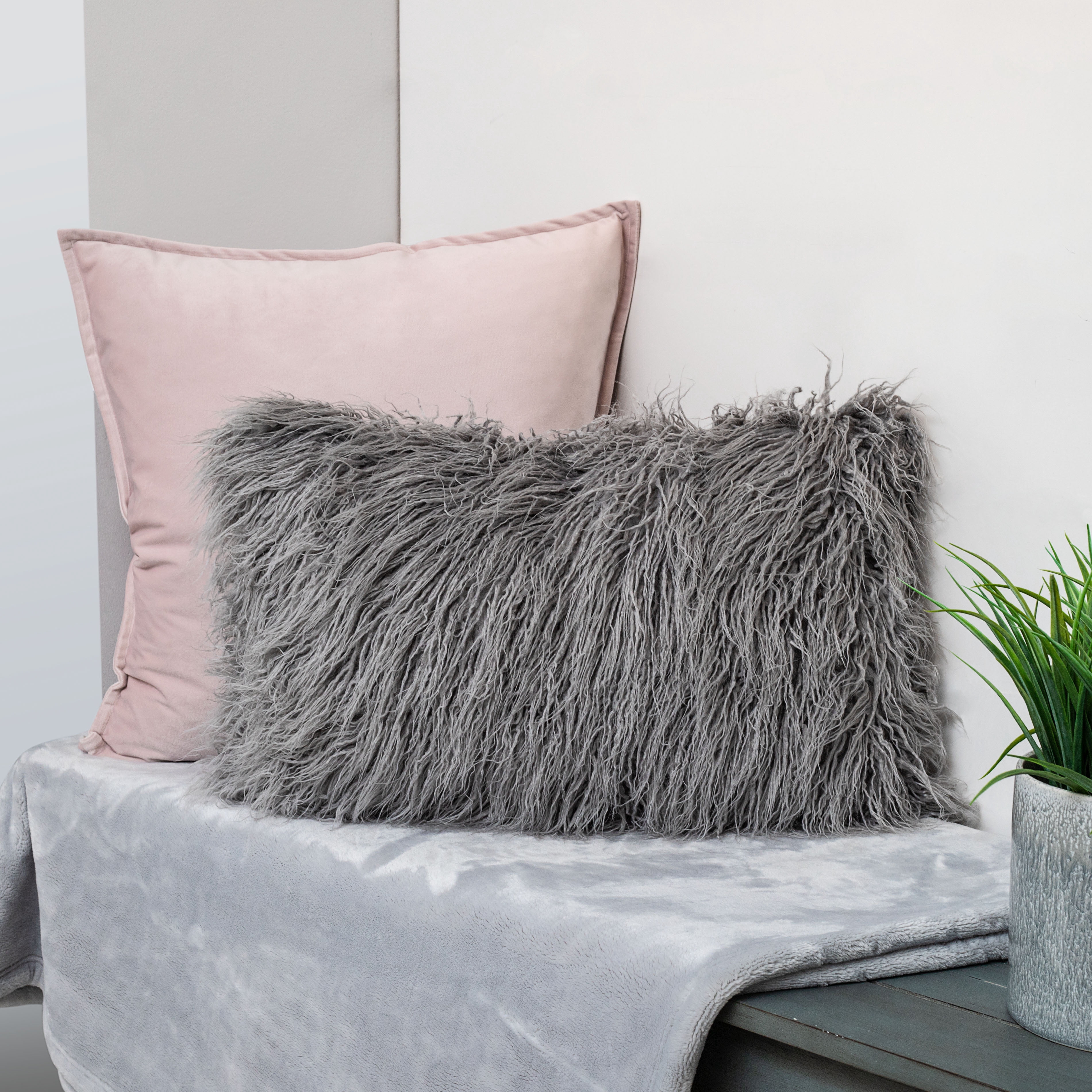 Better Homes & Gardens Feather Filled Velvet Square & Mongolian Faux Fur Oblong Decorative Throw Pillows, Blush & Gray, 2 Piece Set