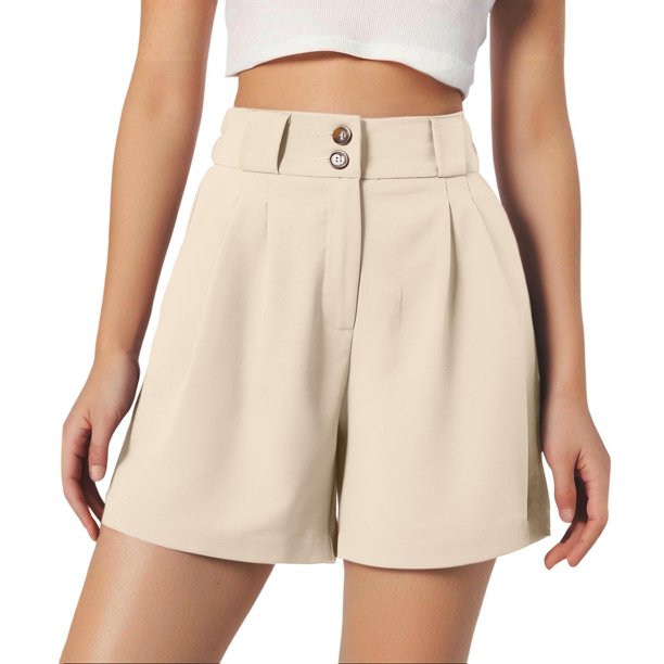 Pantalones cortos de cintura alta para mujer - Abertura lateral, bolsillos - Informal de negocios - Espalda elástica, cierre con cremallera - Tallas S-XXL