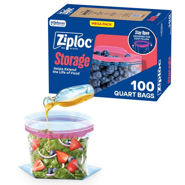 Ziploc Bolsas de almacenamiento de alimentos de cuarto de galón, tecnología Grip 'n Seal para un agarre más fácil, abrir y cerrar, 100 unidades