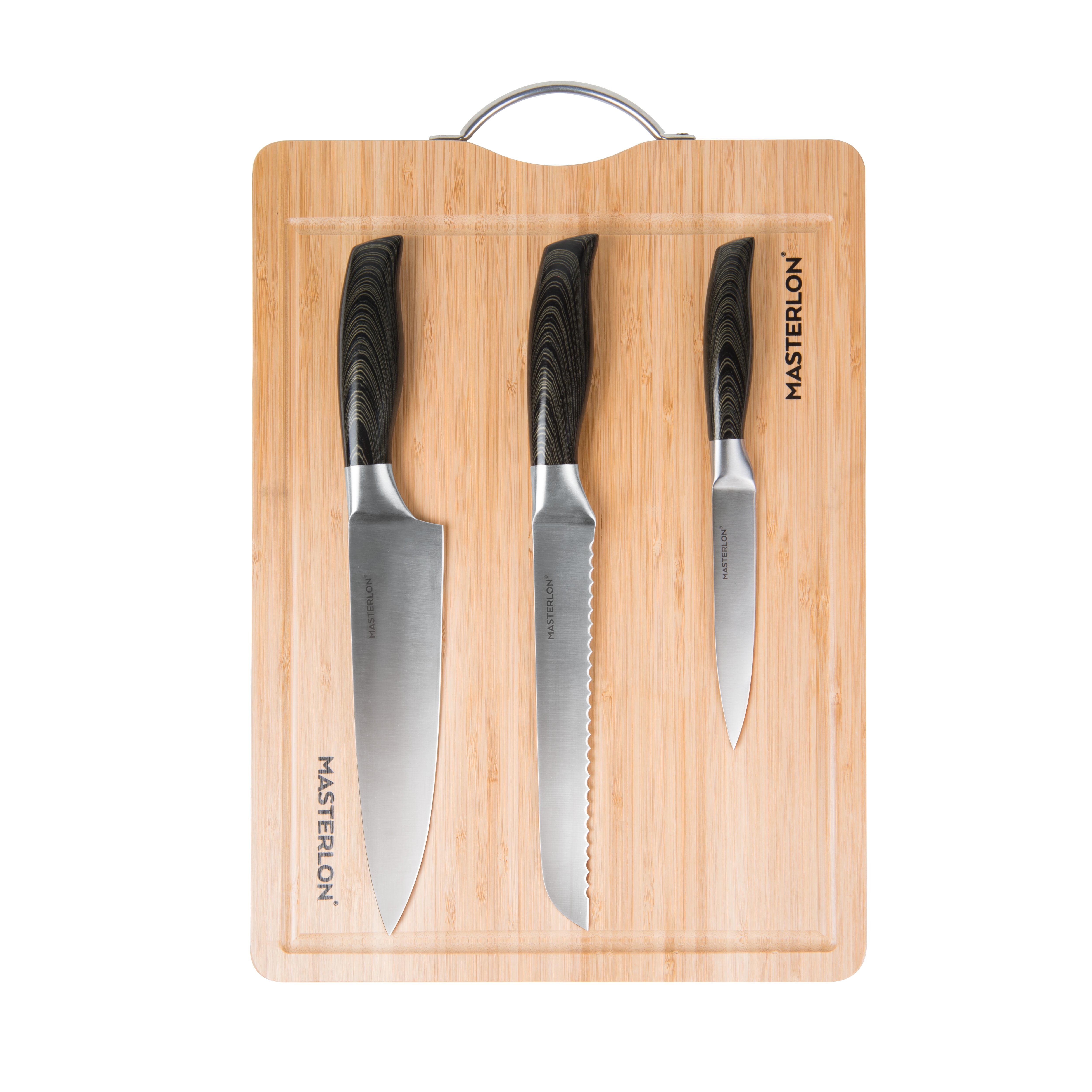 MasterLon 3PC Knife Set With Bamboo Cutting Board 8" Black