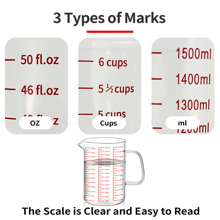 50oz/6 Cups Glass Measuring Cup, Easy to Read with 3 measurement scale