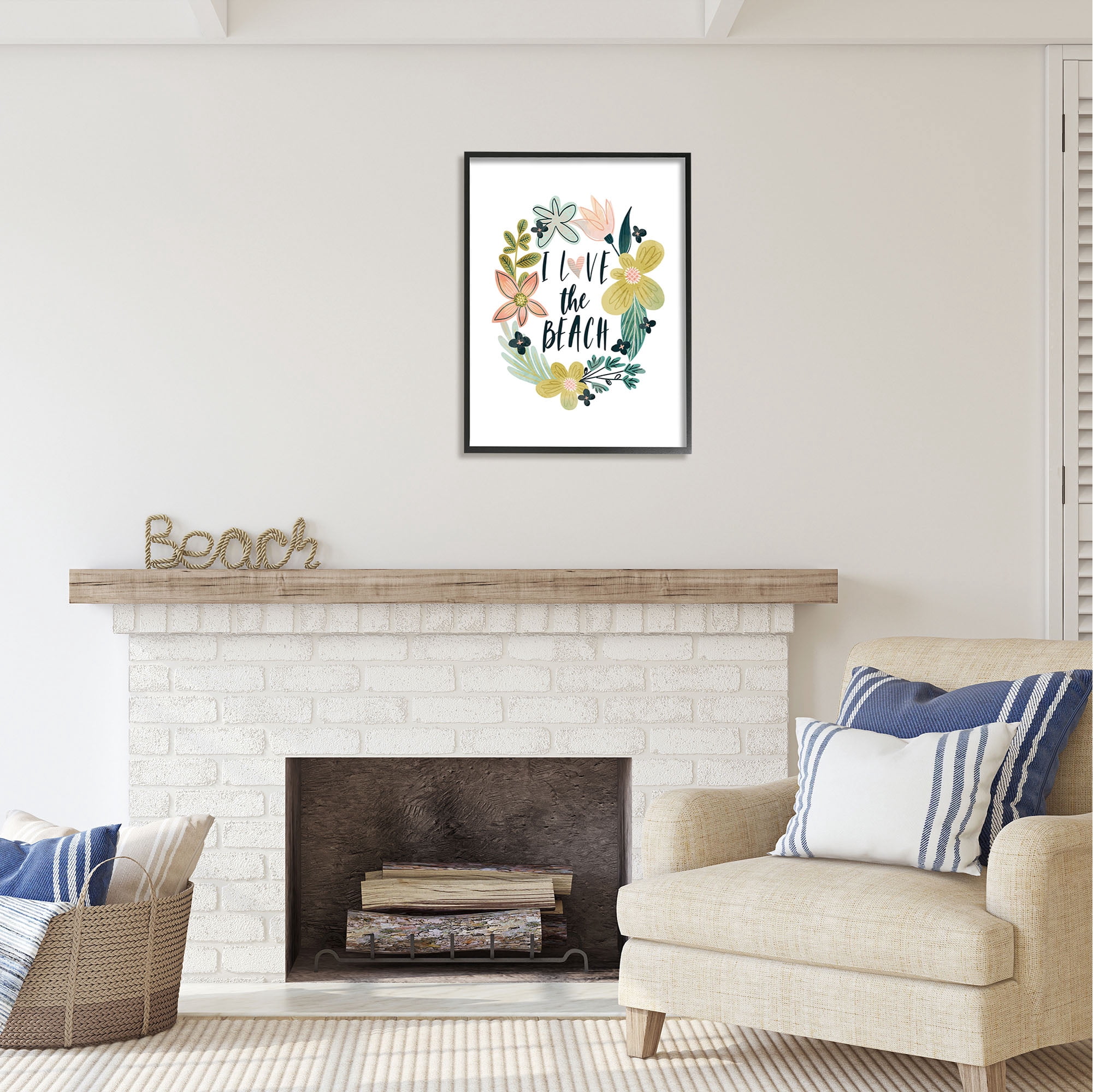 Stupell Industries Love the Beach Wreath Botanical & Floral Painting Black Framed Art Print Wall Art, 24 x 30