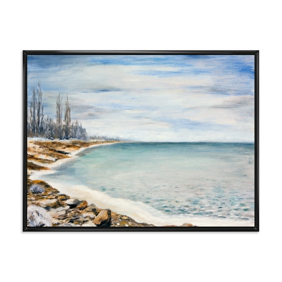 Designart 'Beach Is Covered With Ice' Nautical & Coastal Framed Canvas Wall Art Print