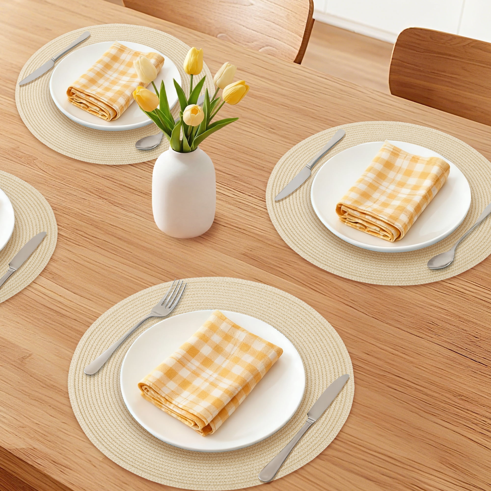 Unique Bargains 6Pcs Rustic Round Woven Dining Placemats Beige 15x15inch