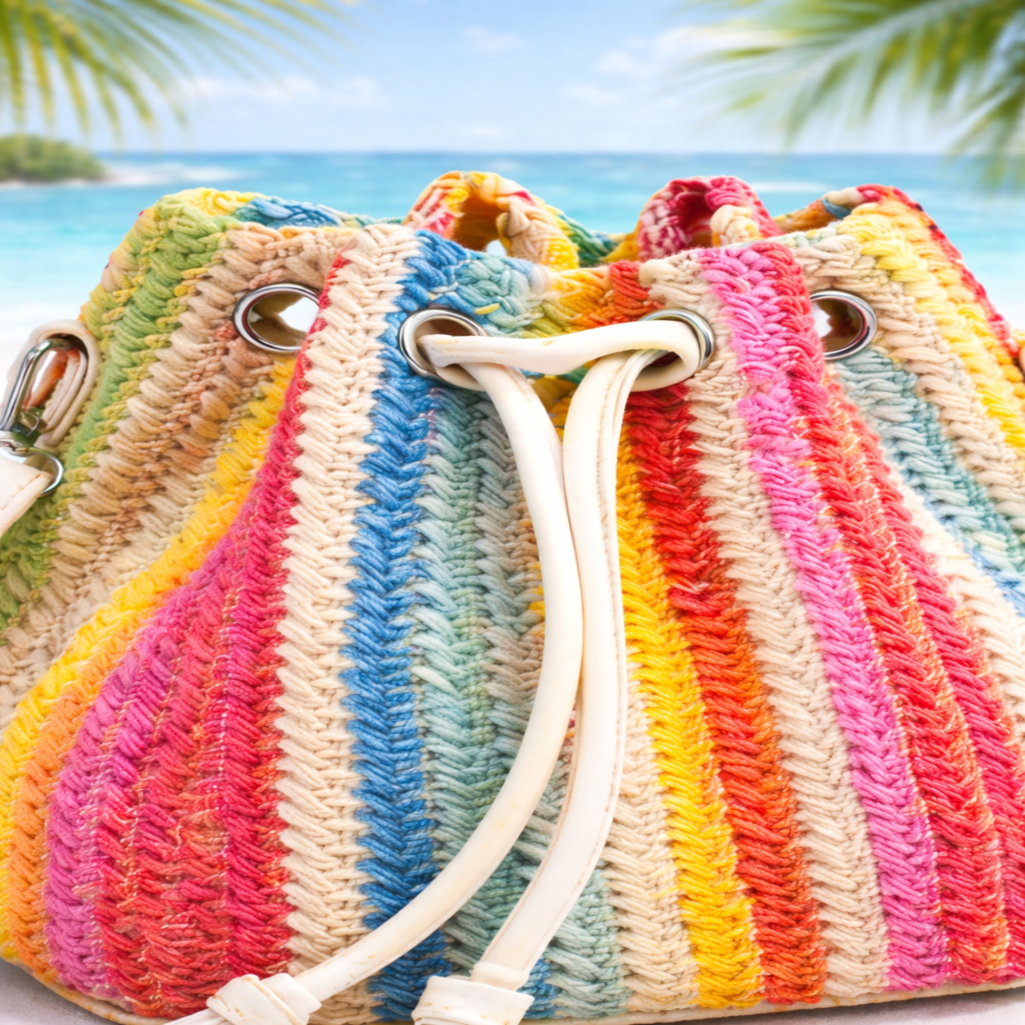 Lwbloom Rainbow Crochet Bucket Bag for Women – Colorful Knit Boho Crossbody Purse with Drawstring Closure, Summer Beach Travel Handbag
