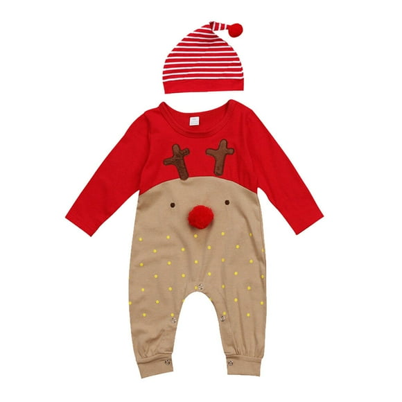 Bebé recién nacido Niños Niñas Navidad Manga larga Nariz roja Dibujos animados Reno Pijama Mono Conjunto de mono con sombrero a rayas Adecuado para 0-6 meses (70 cm)