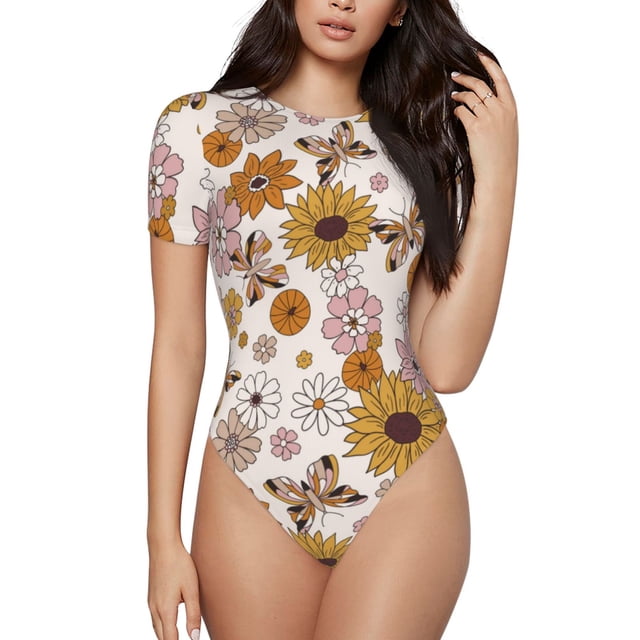 Fotbe Sunflowers And Butterflies Body de Mujer con Cuello Redondo y Mangas Cortas, Sin Mangas Ajustado, Suave, Cómodo y Básico-Small