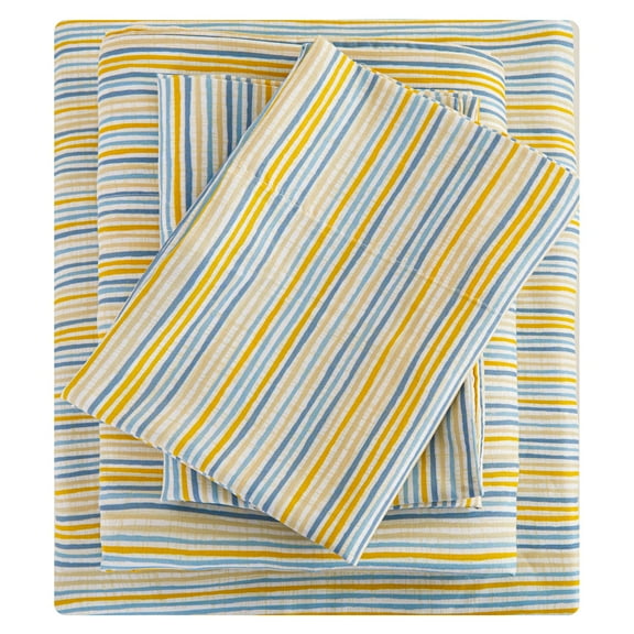 Queen bed sheets, 4 piece striped microfiber set, breathable deep pocket sheets, fade resistant bedding, blue yellow pinstripe pattern