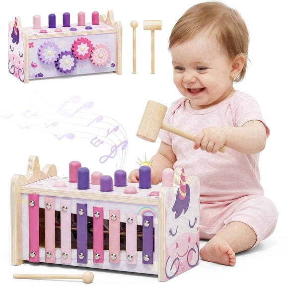 Wooden Montessori Toys for 1 Year Old, Hammering Pounding Toy with Xylophone, Educational Learning Toys, Baby Activity Toys for 1 2 3 Year Old, Preschool Toys, Birthday Gifts (Unicorn)