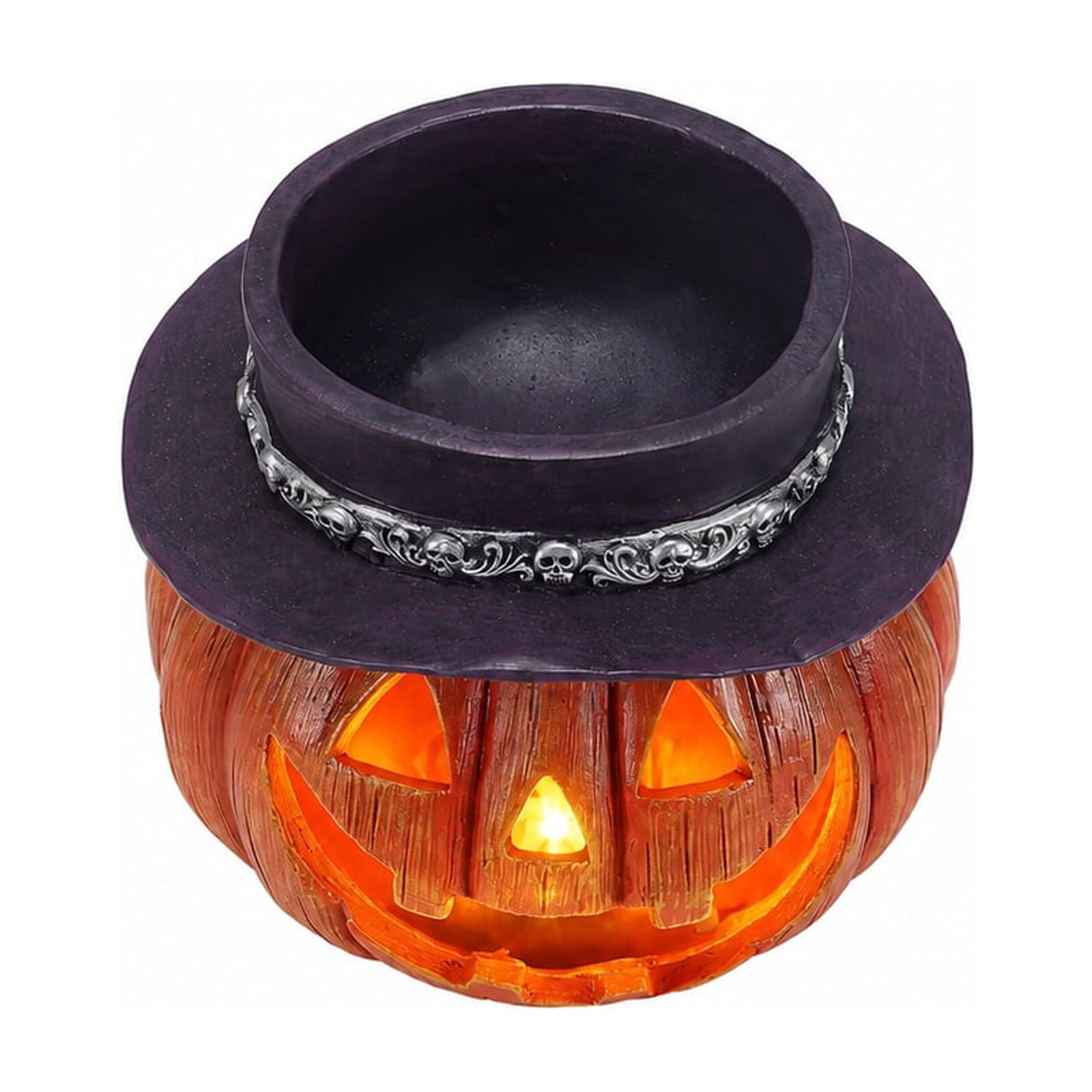 Halloween Pumpkin Candy Bowl with Witch Hat and LED Light, Jack O Lantern Storage Bowl and Tabletop Decor for Home Party, Yellow and Black