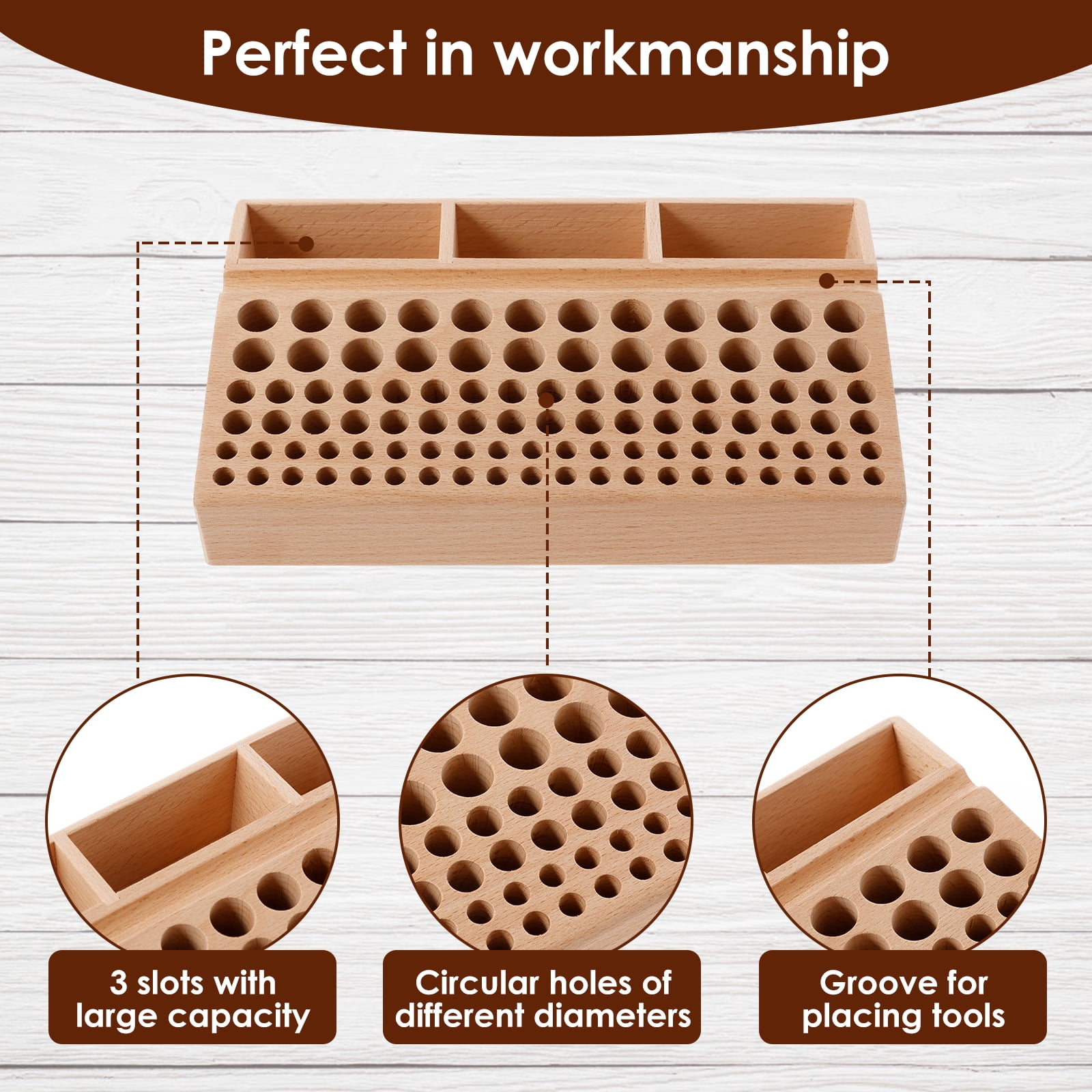 Wekvgz Wood Leather Tool Holder 98 Holes Professional Leather Craft Tool Holder with 3 Slots Large Capacity Leather Working Tool Holder for Hole Punch Leather Tools