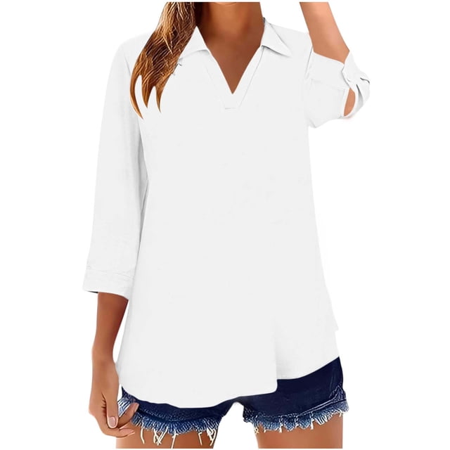 Mujeres 3/4 Manga Tops Y Blusas Color Sólido Turndown Cuello en V Suéter, 3/4 Manga Tops Casual para las Mujeres Suave Blusa de Poliéster, Ligero Primavera Verano Camiseta de Moda