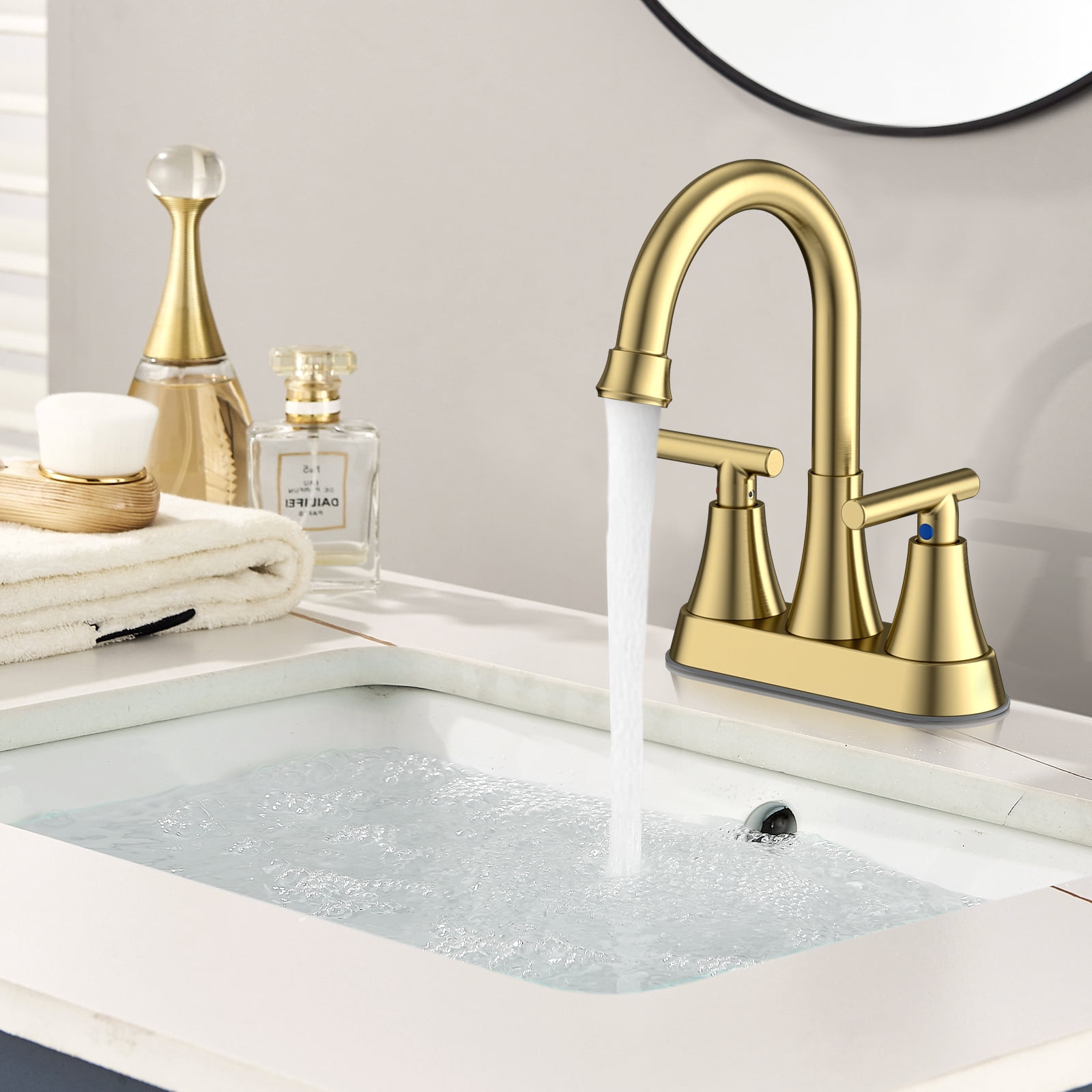 KINGTACK Bathroom Sink Faucet, 4 inch 2-Handle Gold Bathroom Faucet with Pop-up Drain and 2 Supply Hoses, Fits 2 or 3-hole Sink