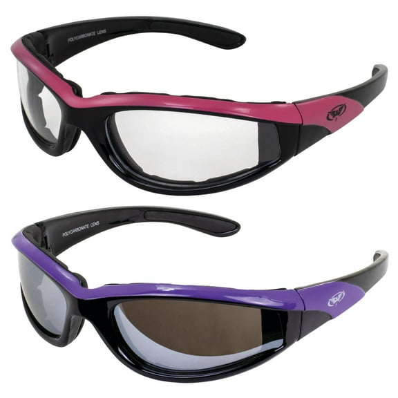 Global Vision Hawkeye Padded Motorcycle Glasses for Women 2 Pair Black-Pink w/Clear Lens & Black-Purple w/Flash Mirror Lens