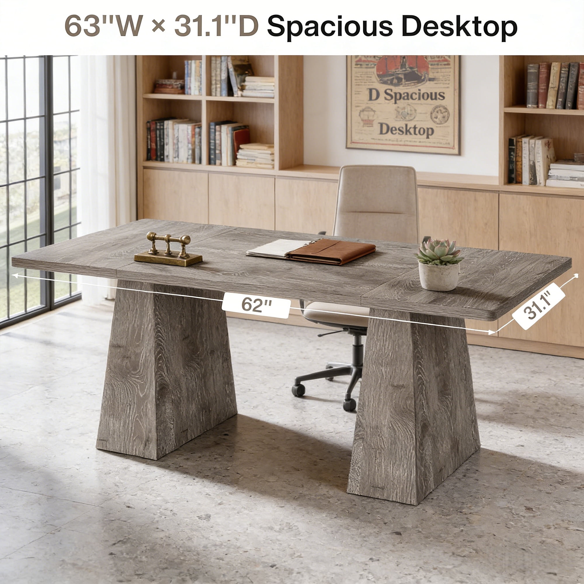 63-Inch Executive Desk, Large Home Office Computer Desk With Double Pedestal, Modern 250LB Heavy-Duty Workstation, Writing Table Conference Table, Grey Business Furniture