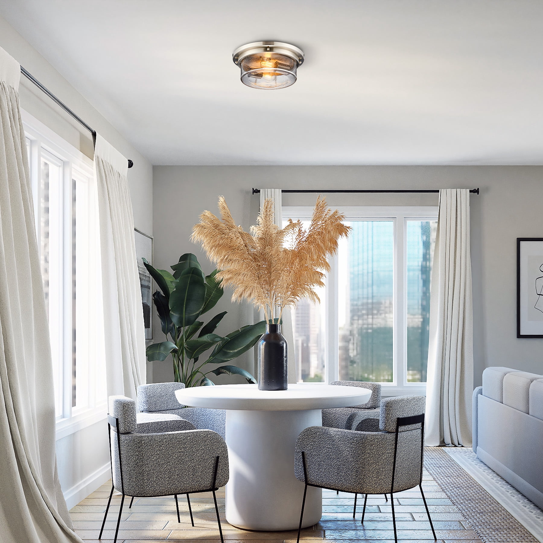 Flush Mount Ceiling Light Fixture with 13" Beaded Glass Drum Shade & Brushed Nickel Finish
