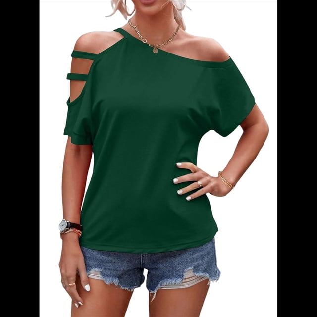 Camiseta de Mujer con Hombros Descubiertos, Corta, Escote Asimétrico y Aberturas Verde XXL
