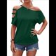 thumbnail image 1 of Camiseta de Mujer con Hombros Descubiertos, Corta, Escote Asimétrico y Aberturas Verde L, 1 of 8