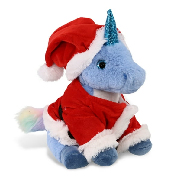 DolliBu Santa Blue Unicorn Stuffed Animal Plush Toy - Super Soft Dress Up with Red Santa Claus Outfit, Cute Fantasy Unicorn Gift Perfect Holiday Christmas Gift - 9 Inches