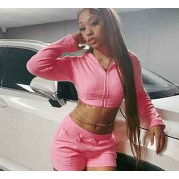 Pink Cropped Hoodie Shorts Set Women's Large Athleisure Loungewear Y2K