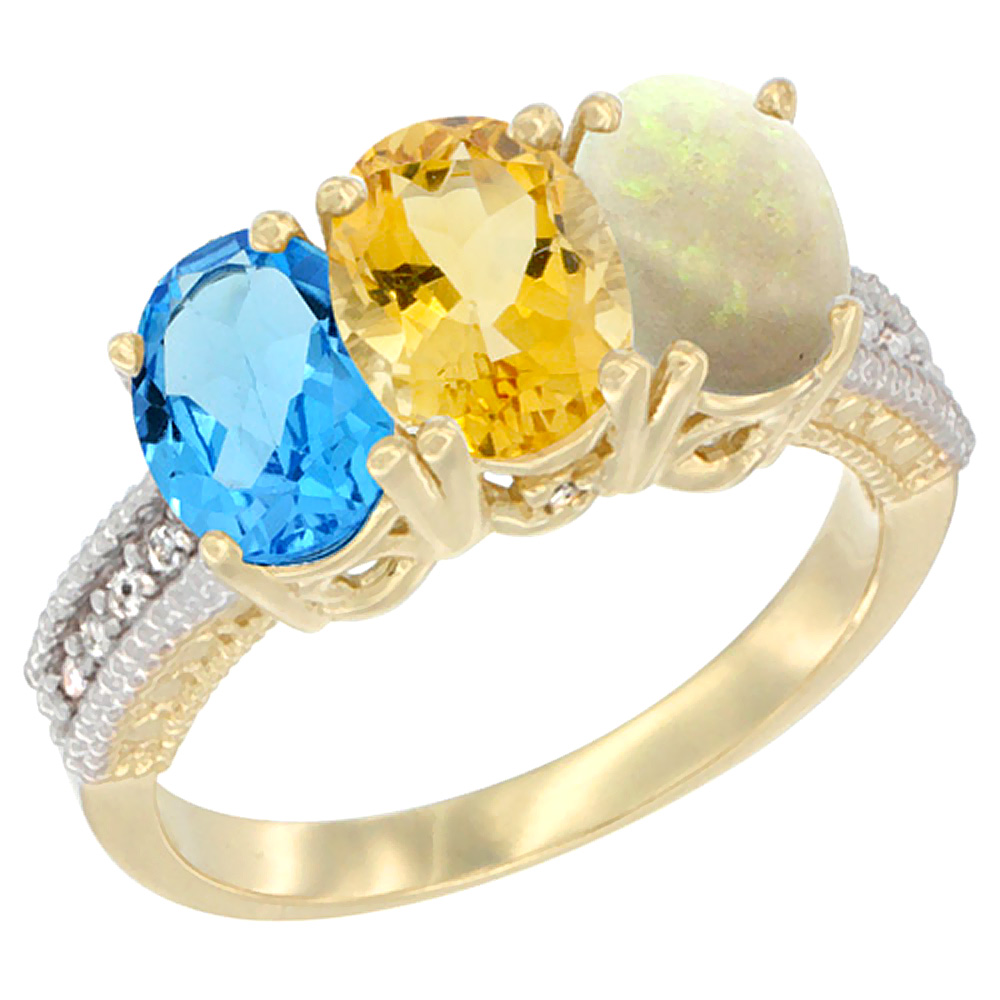 10K Yellow Gold Diamond Natural Swiss Blue Topaz, Citrine & Opal Ring 3-Stone Oval 7x5 mm, sizes 5 10 by WorldJewels