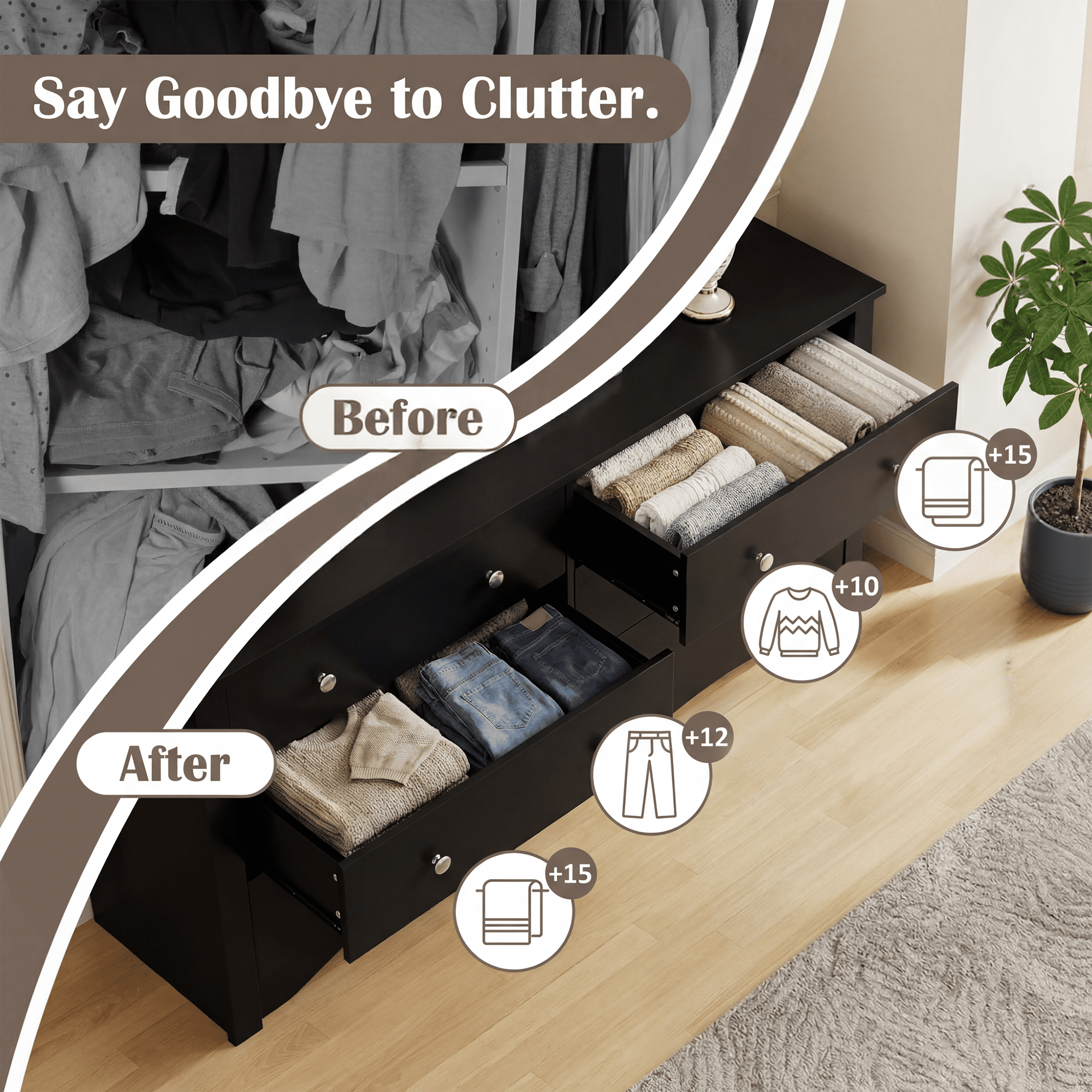 Homall 6 Drawer Double Dresser, Modern Chest of Drawers, Wood Storage Cabinet for Bedroom & Living Room, Black