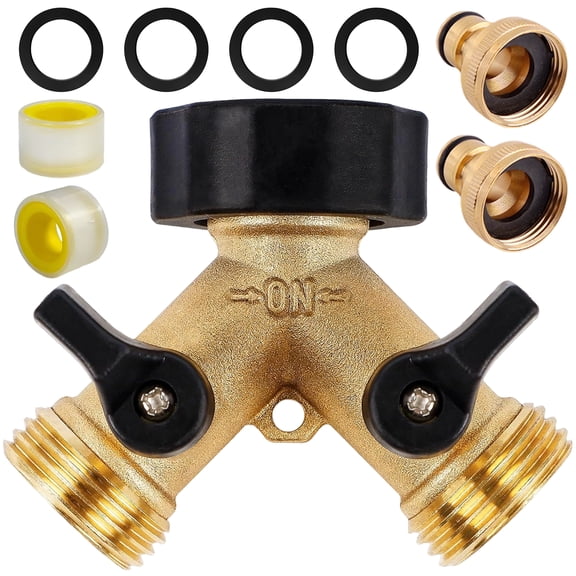 Aovky Garden Hose Splitter 2 Way, Heavy Duty Brass Y Water Hose Splitter, 3/4 Inch Faucet Splitter Hose Connector, Includes 2 Quick Connect Hose Adapters, Tape & Rubber Washers