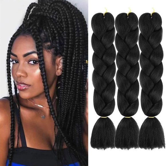 shiyou-3 Packs Ombre Braiding Hair 24 Inch Black Jumbo Braid Hair Extensions for Braiding Synthetic Jumbo Box Braids Hair Extension for Women(3 Packs,Black)
