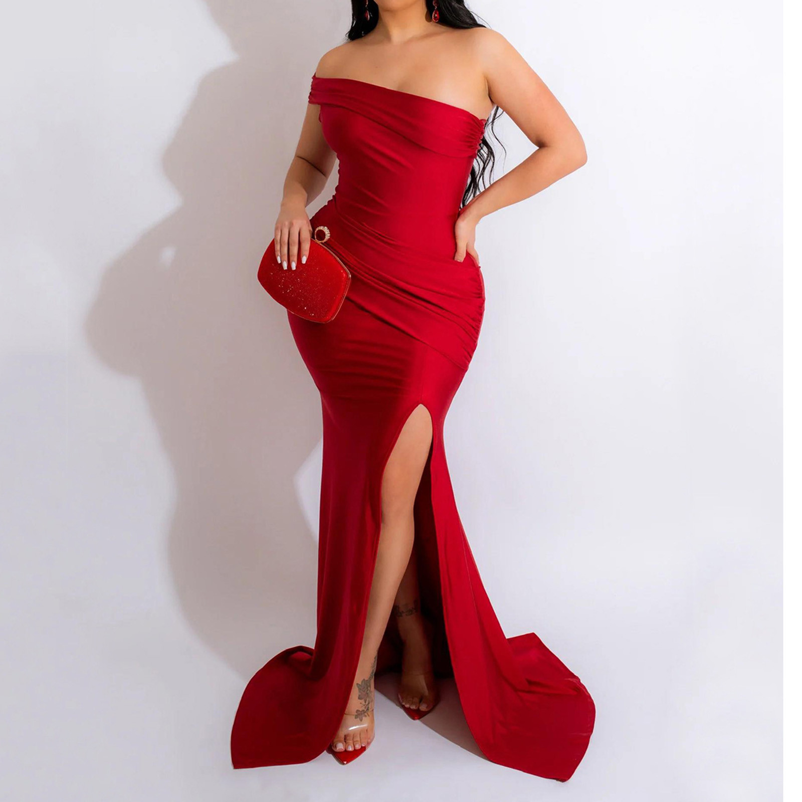 Hvot&aat One Shoulder Formal Dresses for Women Sexy Elegant Evening Gowns Split Thigh Bodycon Maxi Wedding Guest Dresses